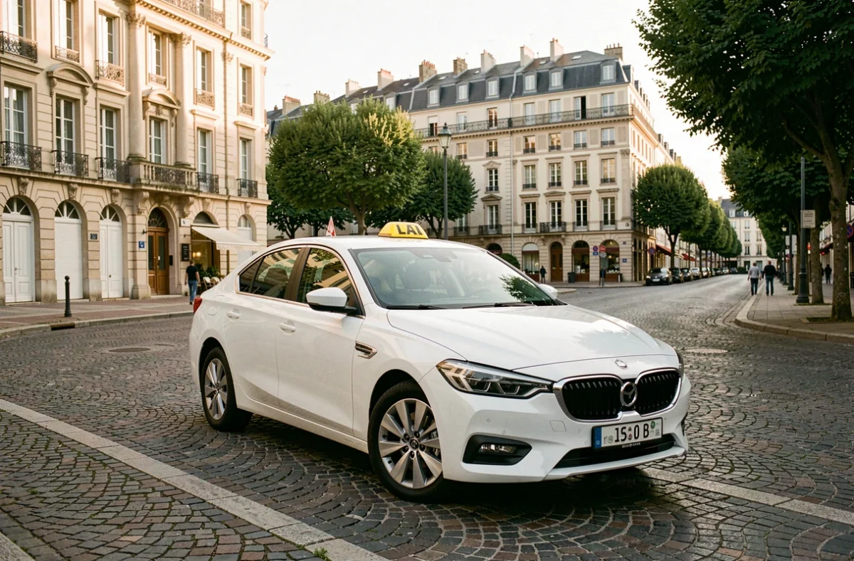 Un taxi moderne attendant sur une place de ville dans les Yvelines, avec des bâtiments typiques en arrière-plan