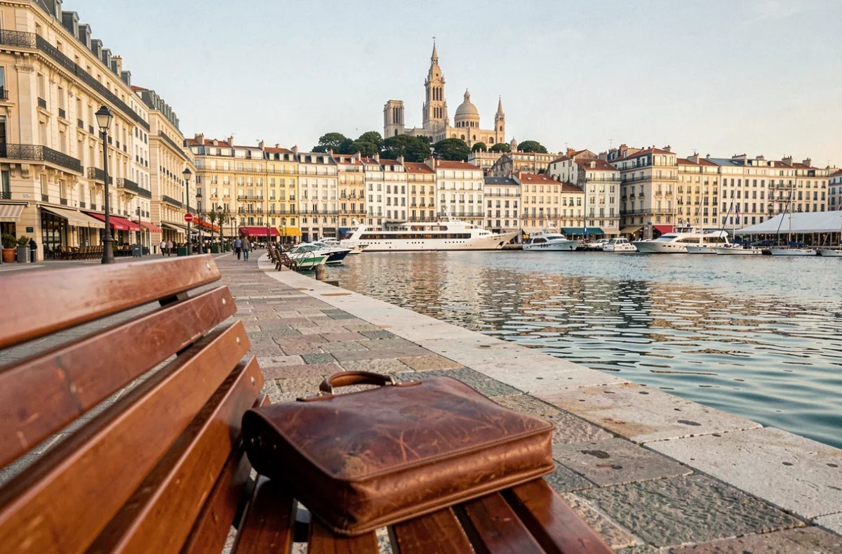 Vue panoramique du Vieux-Port de Marseille avec une mallette d'avocat posée sur un banc, symbolisant les meilleurs cabinets d'avocats de la ville