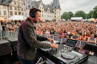 DJ professionnel en performance sur scène lors d'un festival dans le Grand Est, foule enthousiaste en arrière-plan avec architecture alsacienne