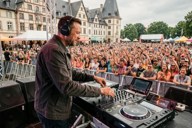 DJ professionnel en performance sur scène lors d'un festival dans le Grand Est, foule enthousiaste en arrière-plan avec architecture alsacienne