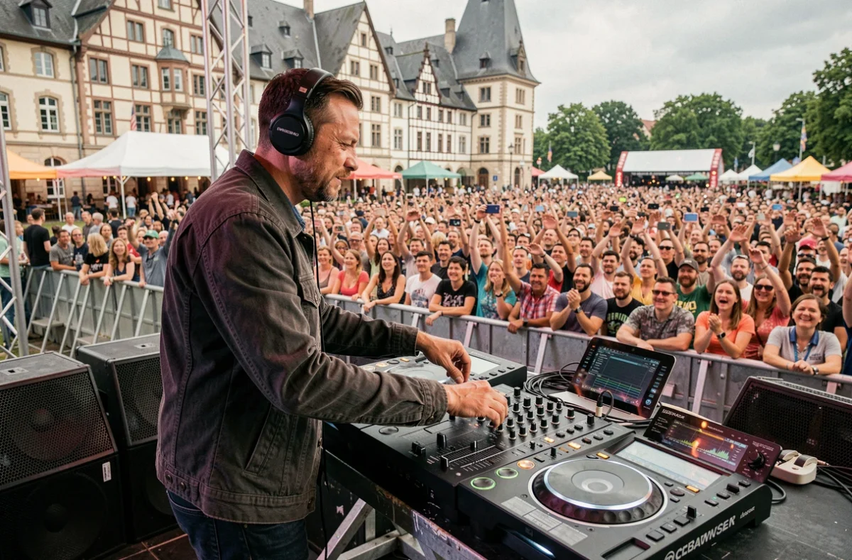 DJ professionnel en performance sur scène lors d'un festival dans le Grand Est, foule enthousiaste en arrière-plan avec architecture alsacienne