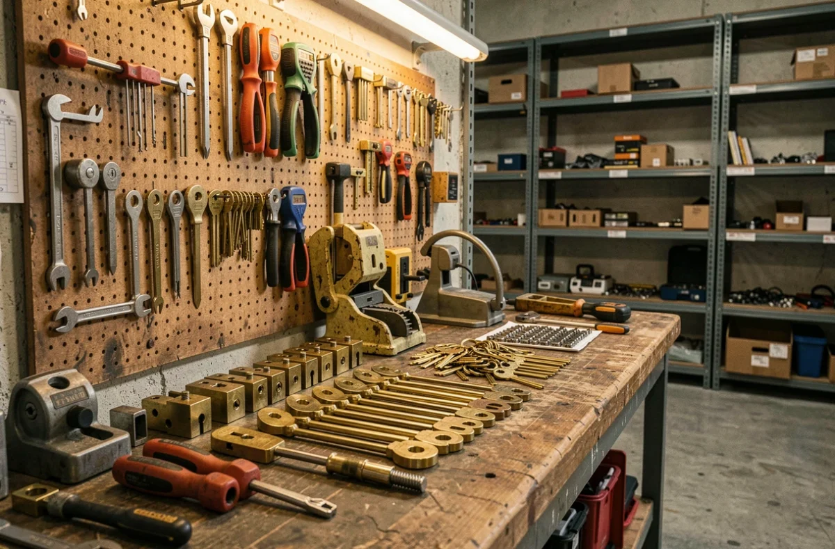 Atelier de serrurerie professionnel dans la Somme avec outils et mécanismes de serrures exposés