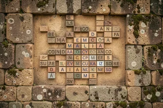 Grille de mots fléchés sculptée dans un mur en pierre ancienne de style inca avec des lettres en céramique formant des noms de villes péruviennes