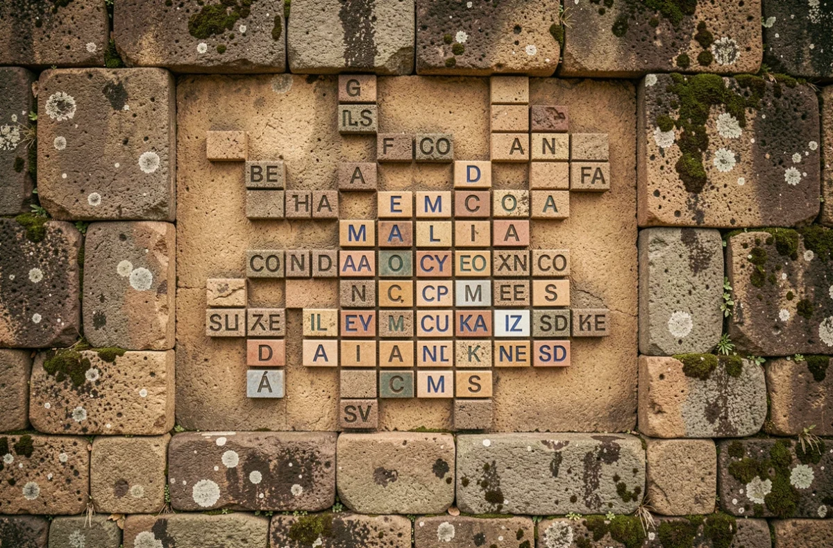 Grille de mots fléchés sculptée dans un mur en pierre ancienne de style inca avec des lettres en céramique formant des noms de villes péruviennes