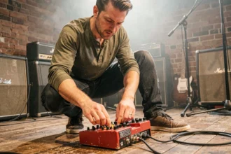 Musicien one man band utilisant le Boss RC-30 Loop Station sur scène dans un petit club de musique