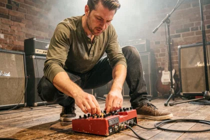 Musicien one man band utilisant le Boss RC-30 Loop Station sur scène dans un petit club de musique