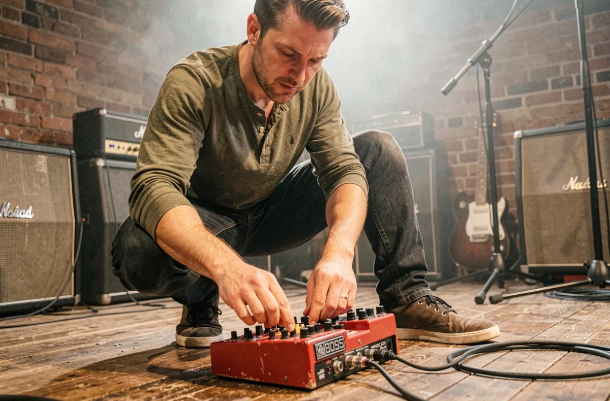 Musicien one man band utilisant le Boss RC-30 Loop Station sur scène dans un petit club de musique