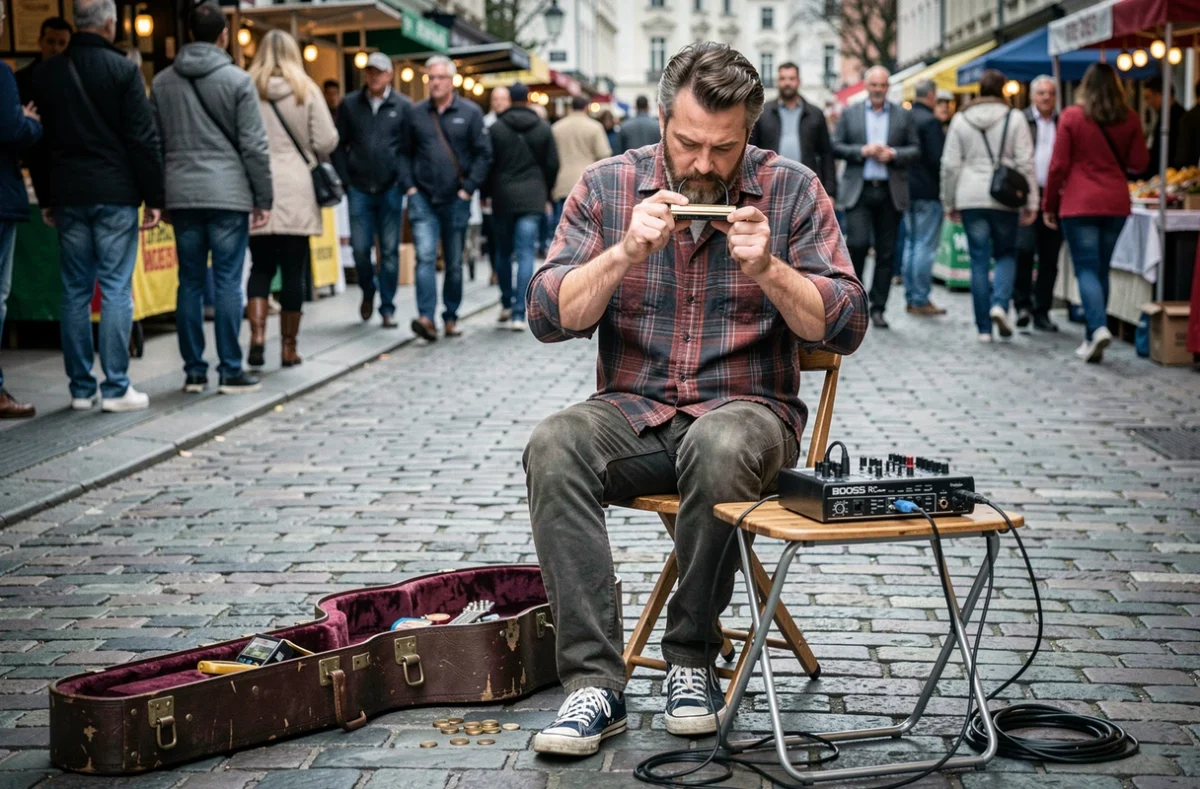 Musicien de rue one man band avec Boss RC-30 Loop Station sur un marché urbain en plein air