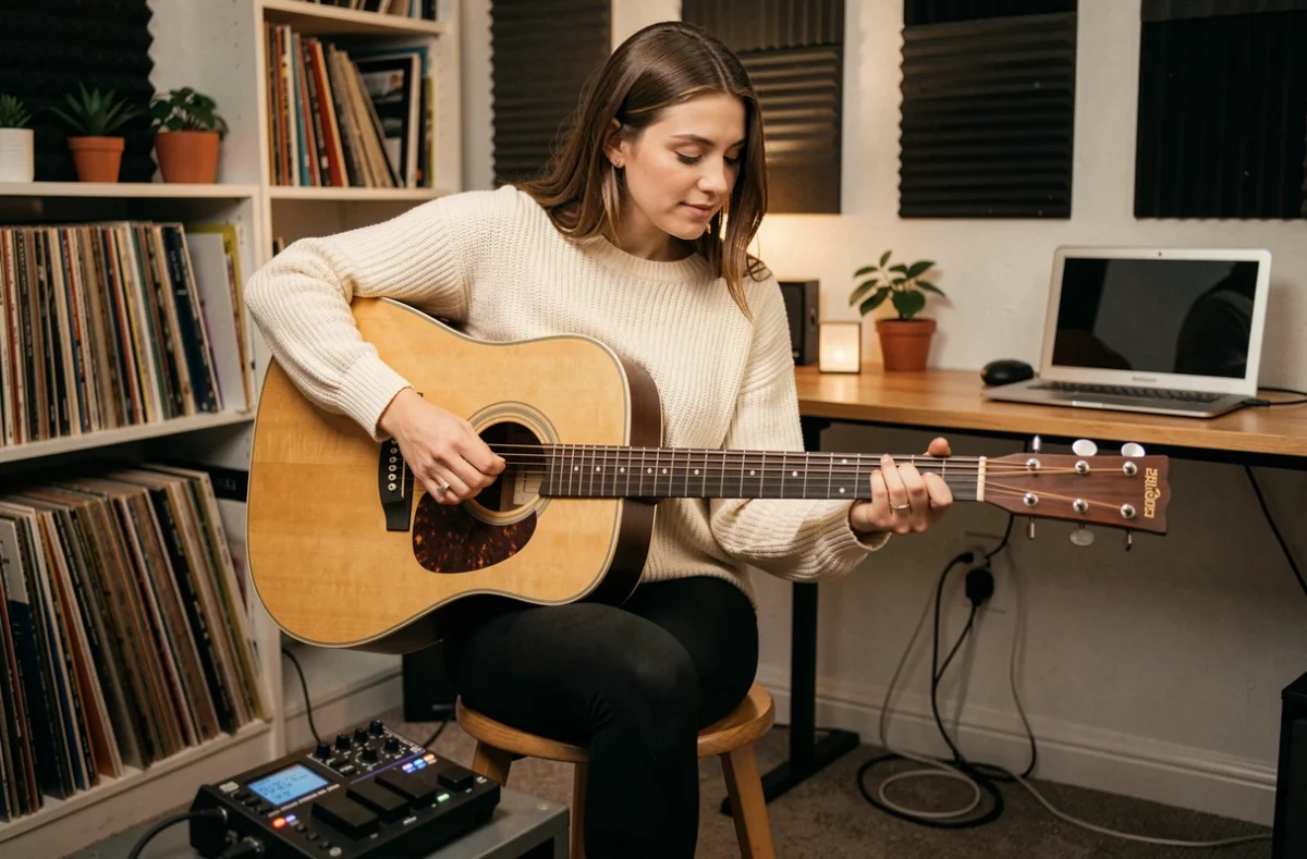Musicienne one man band avec guitare acoustique et pédale Boss RC-30 dans un studio maison