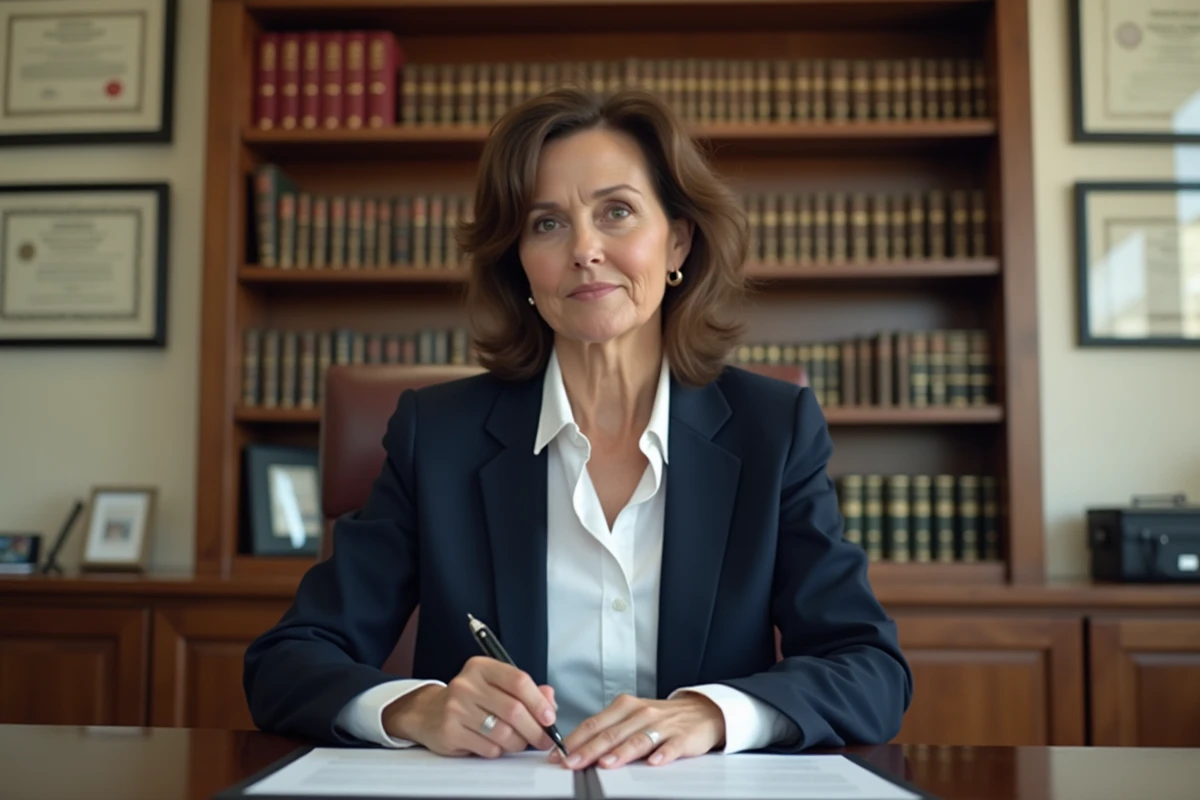 Notaire femme en blazer navy au bureau professionnel