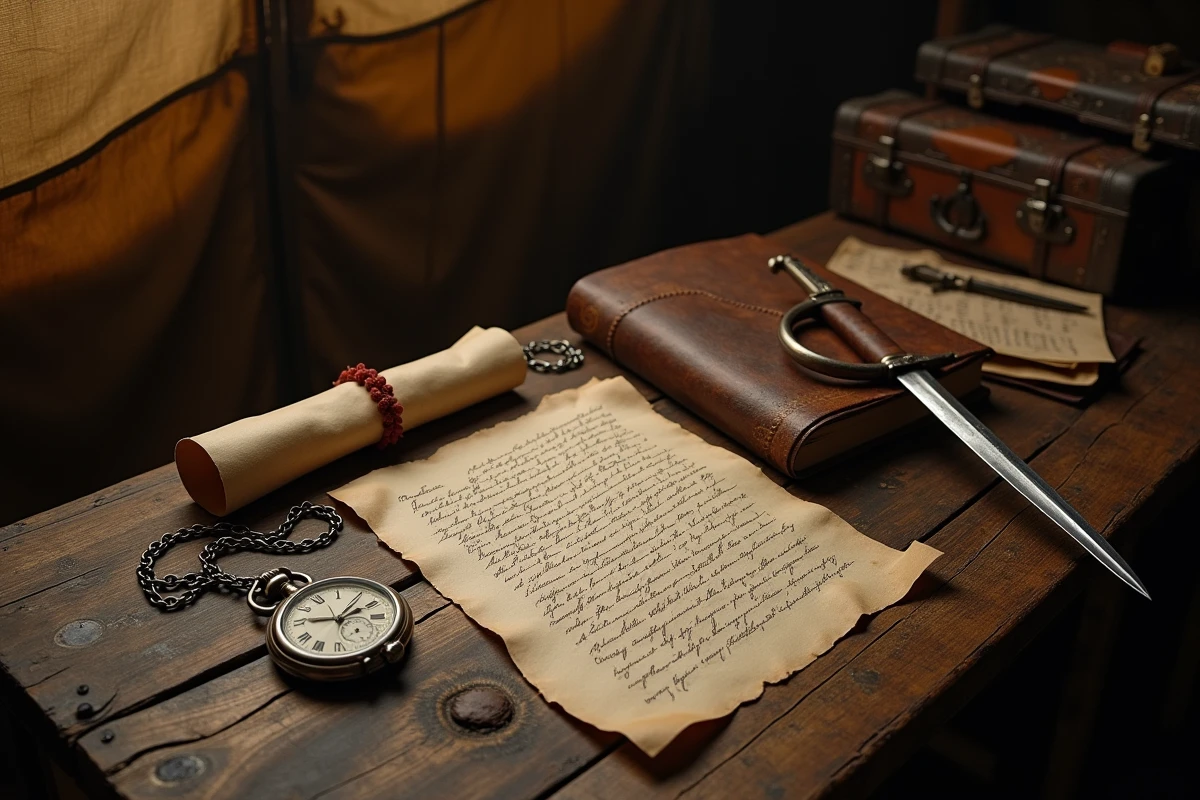 Nature morte historique d'objets militaires du XVIIe siècle — rapière, journal de campagne et lettre cachetée — évoquant le commandement militaire de d'Artagnan avant sa mort