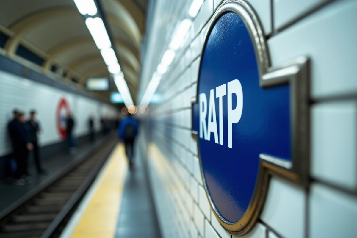 Panneau de signalétique RATP dans une station de métro parisienne avec logo contemporain bleu et blanc
