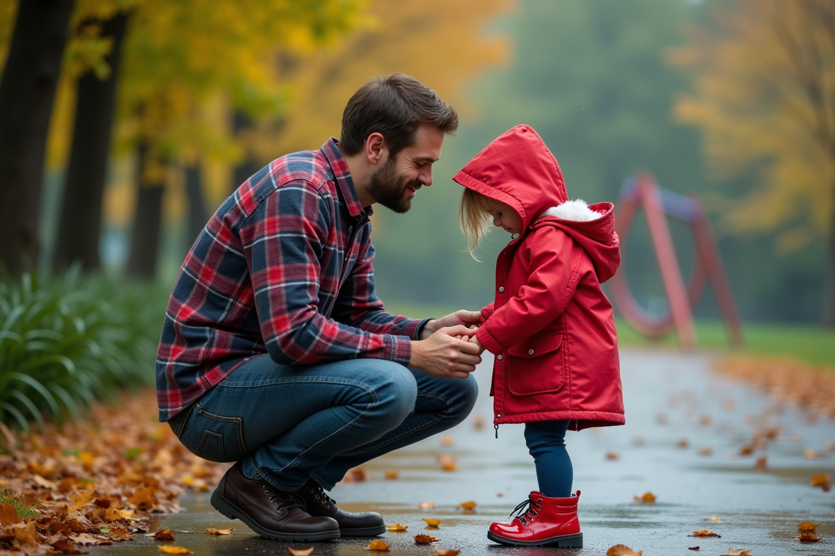 Papa attachant les chaussures de sa fille sous la pluie