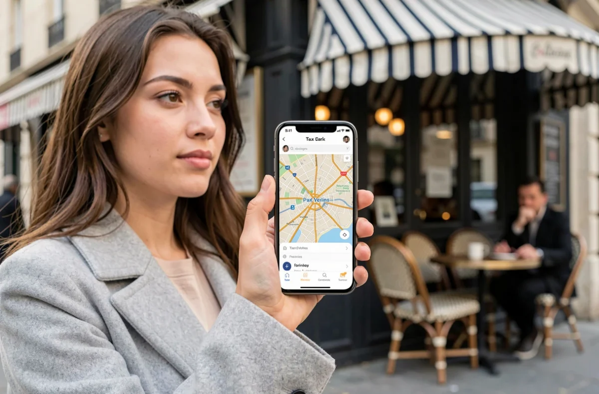 Jeune femme utilisant l'application Paris Taxi Booking sur son smartphone devant un café parisien