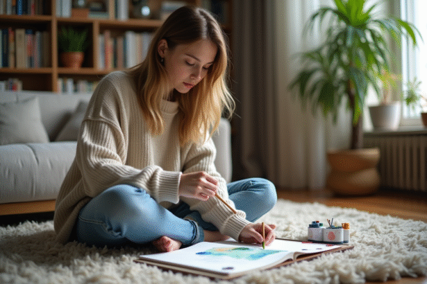Jeune femme peignant à l'aquarelle dans un salon cosy