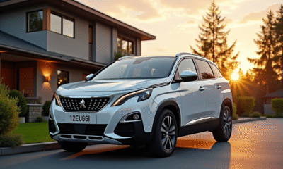 Peugeot 3008 garée devant une maison moderne en heure dorée