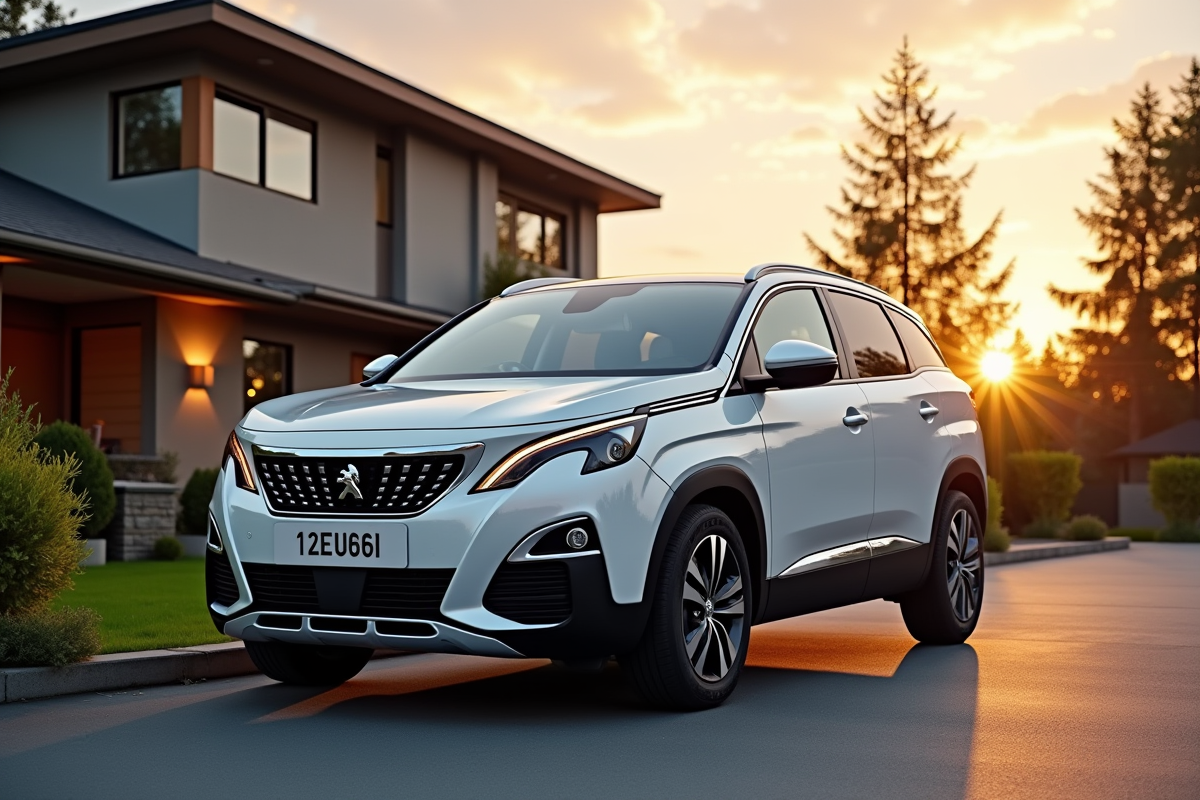 Peugeot 3008 garée devant une maison moderne en heure dorée