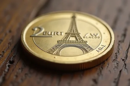 Gros plan d'une pièce de 2 euros commémorative Jeux Olympiques 2026 Tour Eiffel posée sur une table en bois