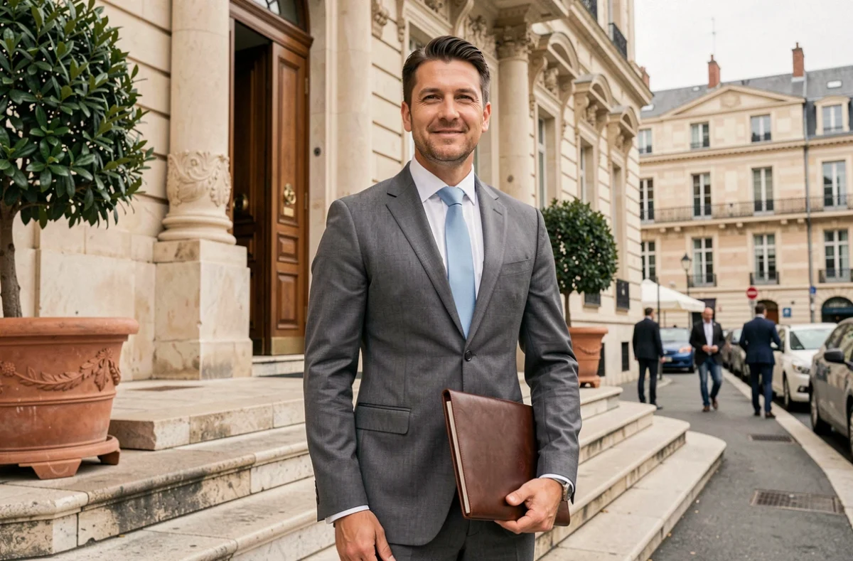 Avocat Pierre Carrascosa sur les marches du palais de justice de Marseille avec un portfolio en cuir