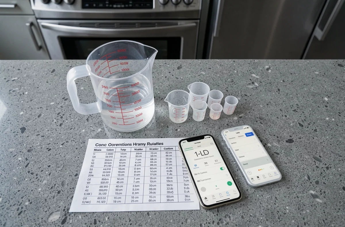 Vue aérienne d'un plan de travail de cuisine avec un pichet gradué d'un litre, des tasses de mesure en cm3 et un tableau de conversion imprimé