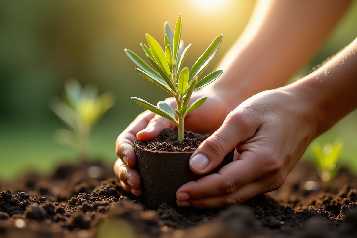 Mains plantant un olivier dans un pot avec terre naturelle