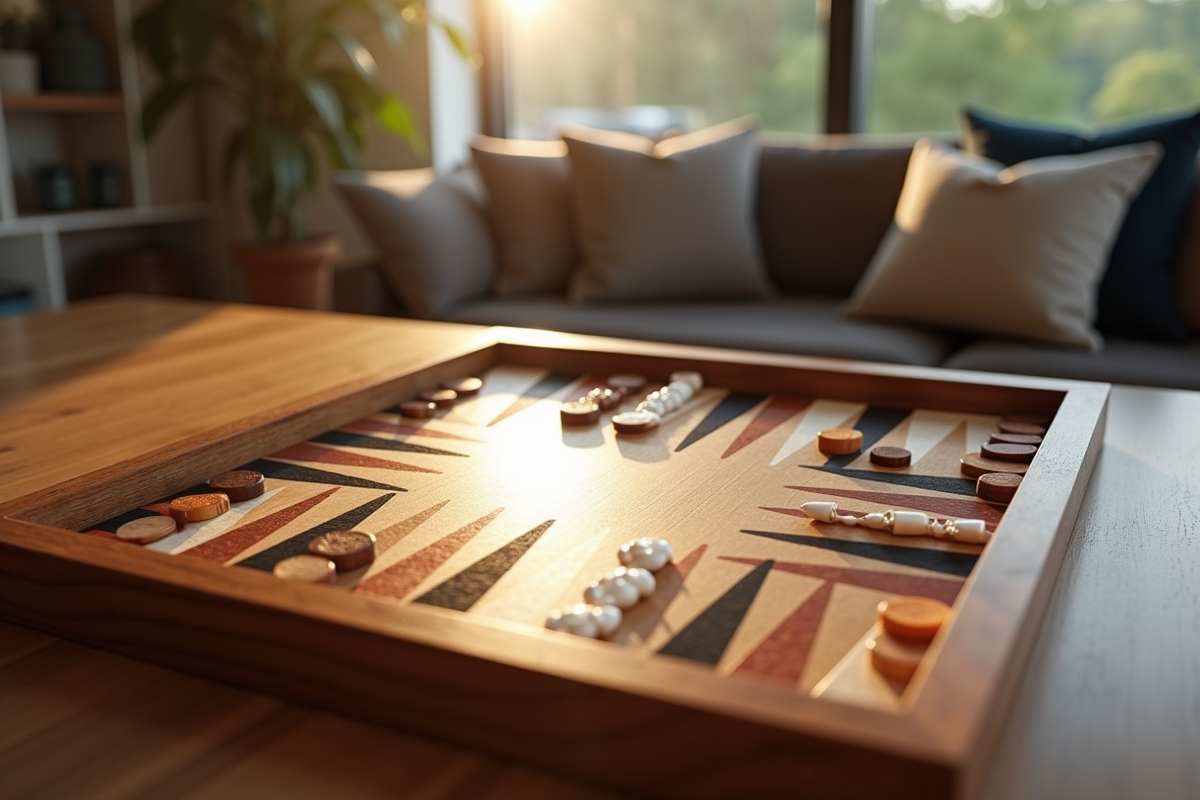 Plateau de backgammon en bois naturel dans un salon moderne