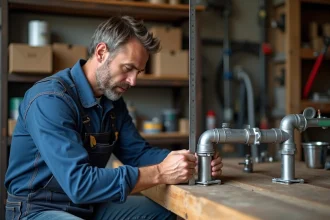 Plombier homme mesurant un tuyau en métal avec outils
