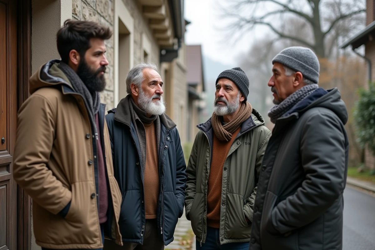 Groupe d'hommes sortant d'une mosquée après la prière du vendredi dans une ville d'Auvergne en automne