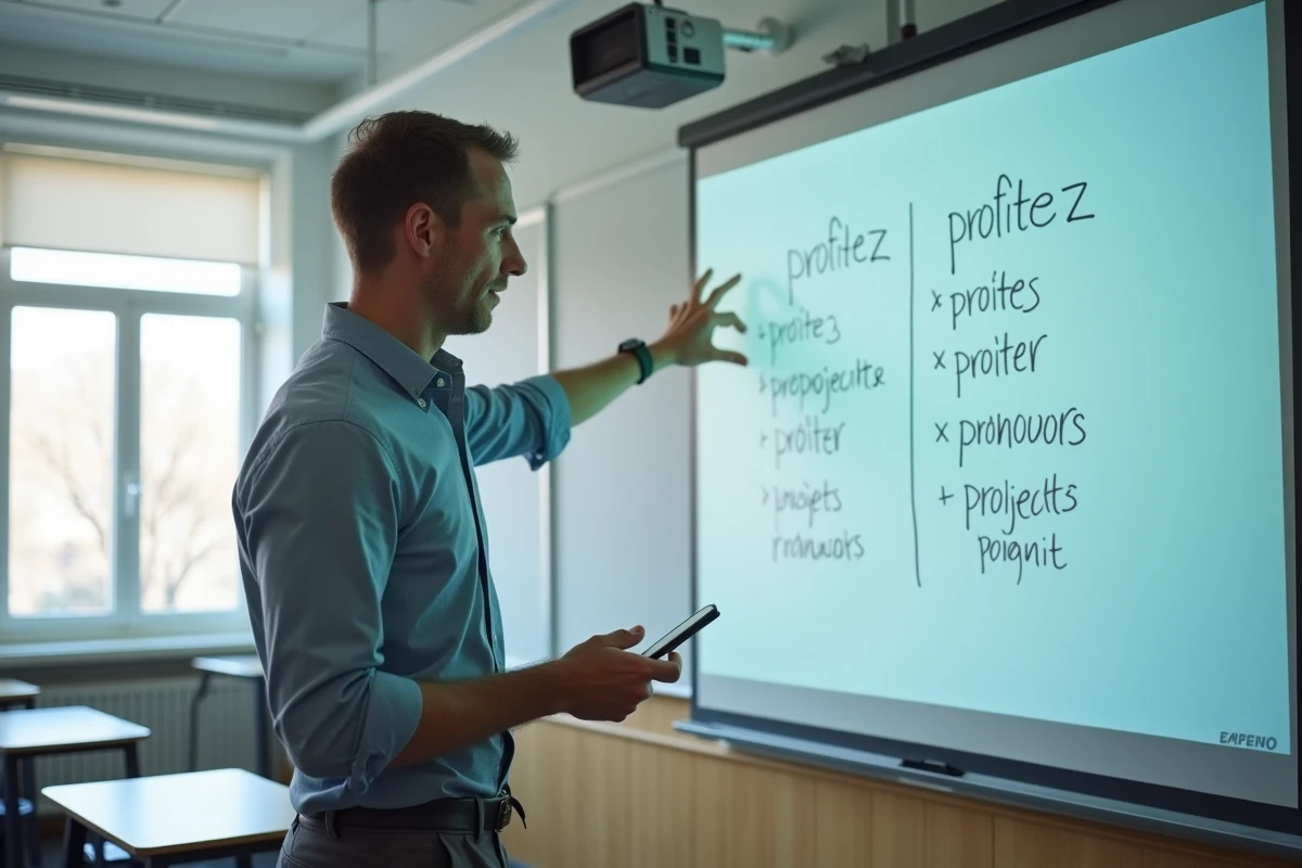 Professeur expliquant la conjugaison française avec un tableau présentant les formes profiter et profitez