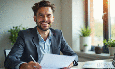 Professionnel souriant au bureau avec documents et papiers