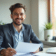 Professionnel souriant au bureau avec documents et papiers