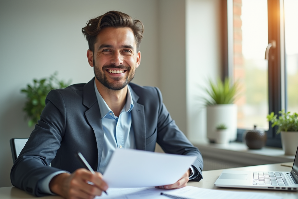 Professionnel souriant au bureau avec documents et papiers