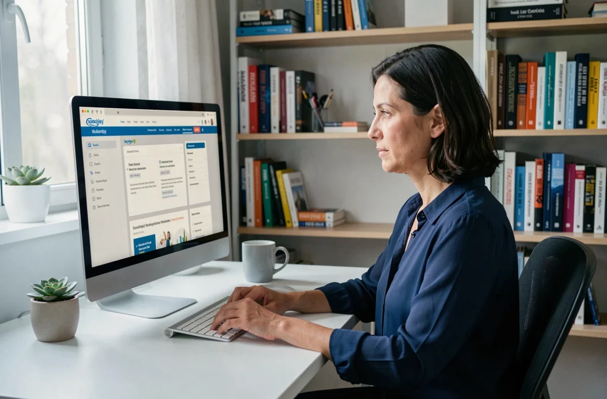 Professionnelle du web travaillant sur la stratégie de communication digitale d'une association solidaire depuis son bureau à domicile