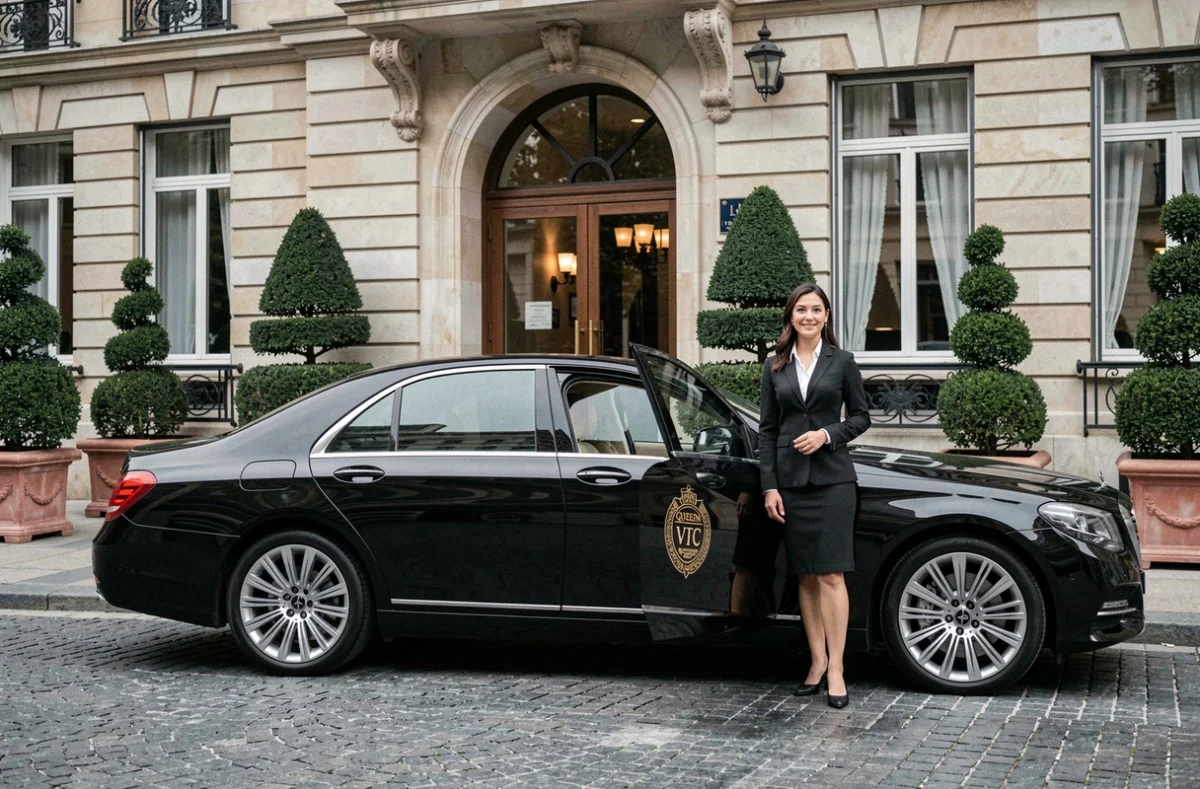 Chauffeuse en uniforme de Queen VTC devant l'entrée d'un hôtel élégant avec une berline noire