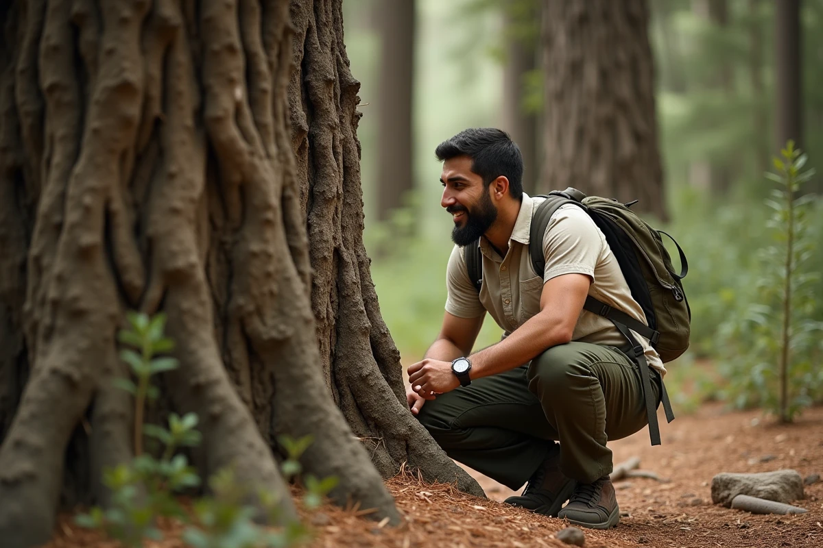 Randonneur algérien observant l'écorce d'un chêne-liège dans la forêt de Ben Haroun à Mila