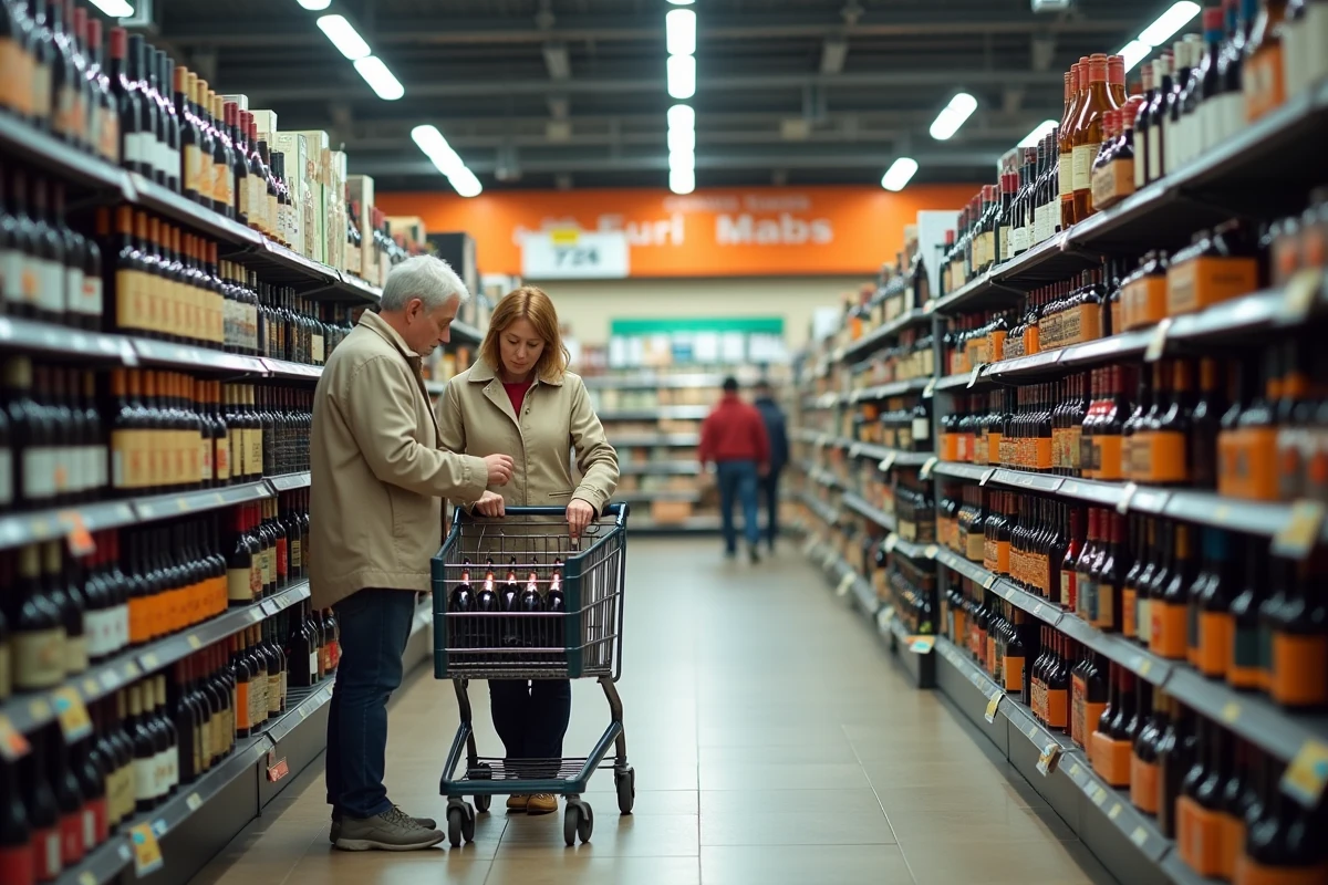 Femme comparant les prix d'alcool dans les rayons d'un supermarché discount à La Jonquera en Espagne
