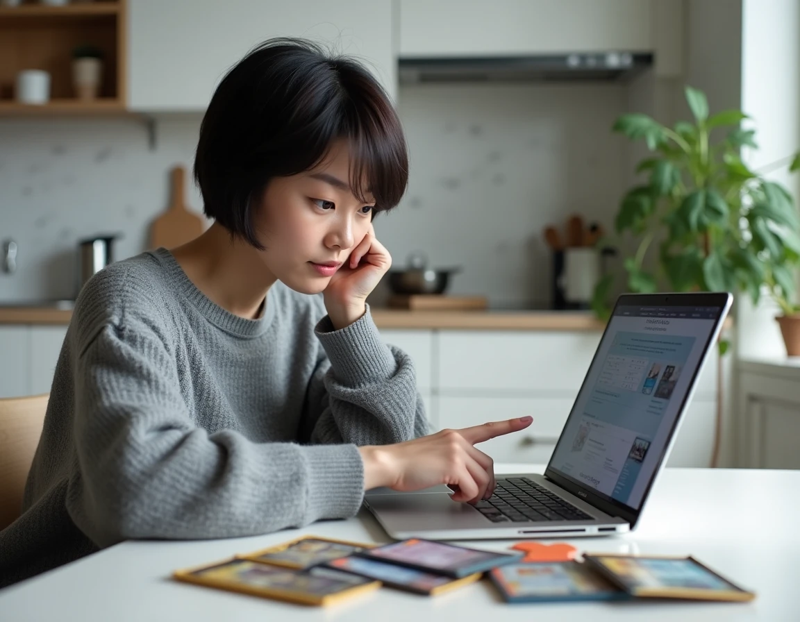 Femme recherchant la fiabilité d'un site de vente de cartes Pokémon sur son ordinateur portable