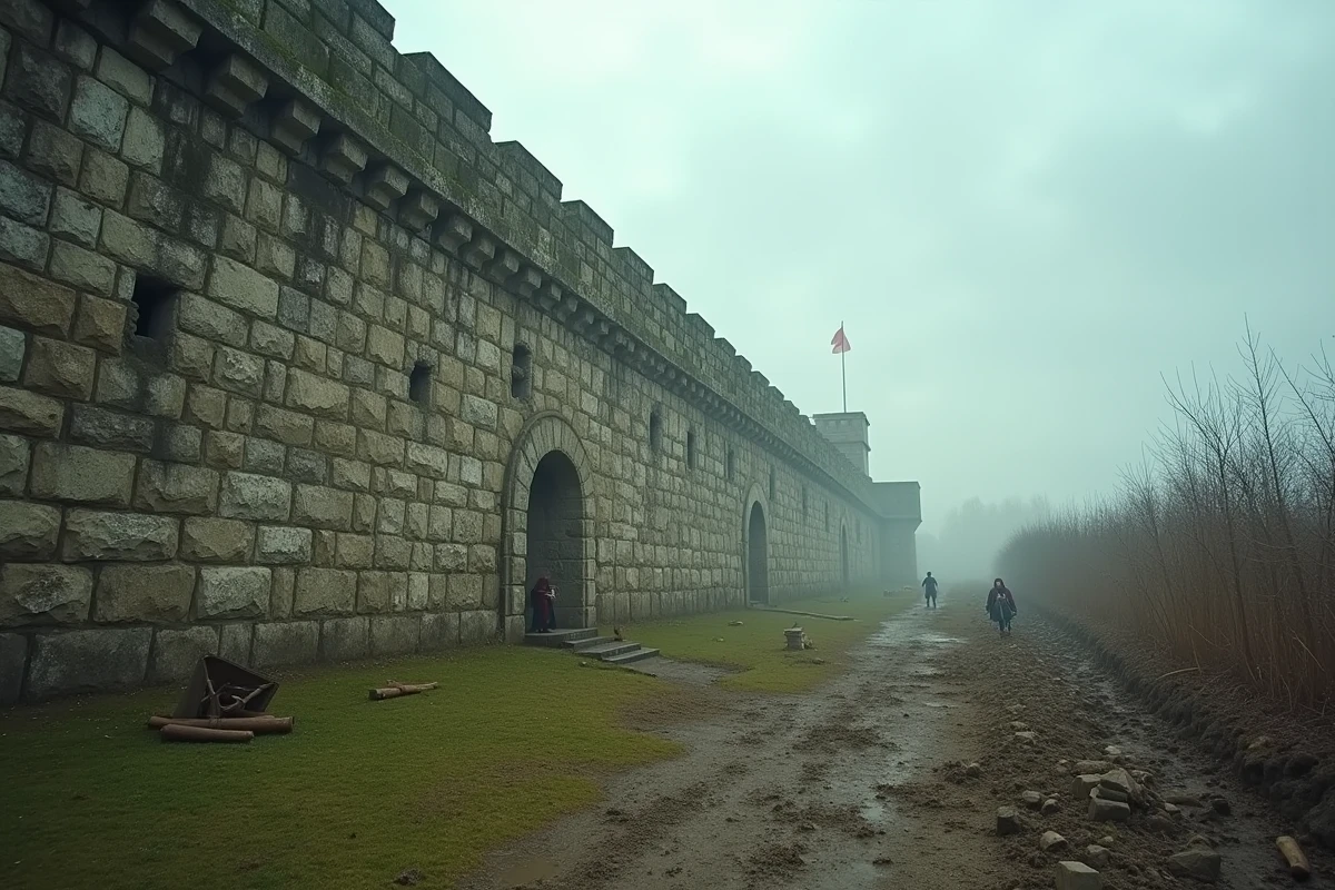 Remparts en pierre d'une fortification européenne du XVIIe siècle reconstituée, symbolisant le siège de Maastricht où d'Artagnan trouva la mort en 1673