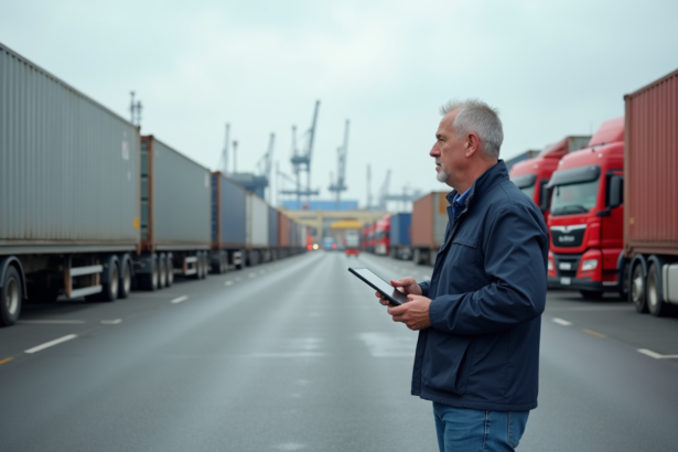 Manager logistique observant camions de fret modernes en opération