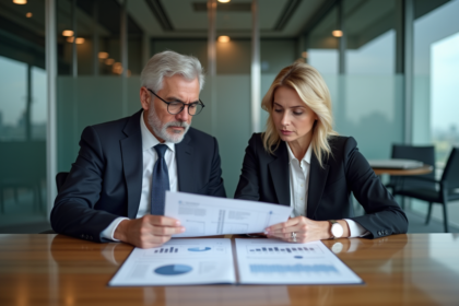 Homme et femme d'affaires en réunion d'investissement