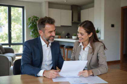 Homme d'affaires et agent immobilier dans un appartement rénové
