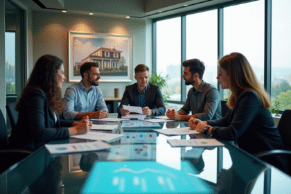 Groupe de professionnels discutant autour d'une table moderne pour la propriété intellectuelle