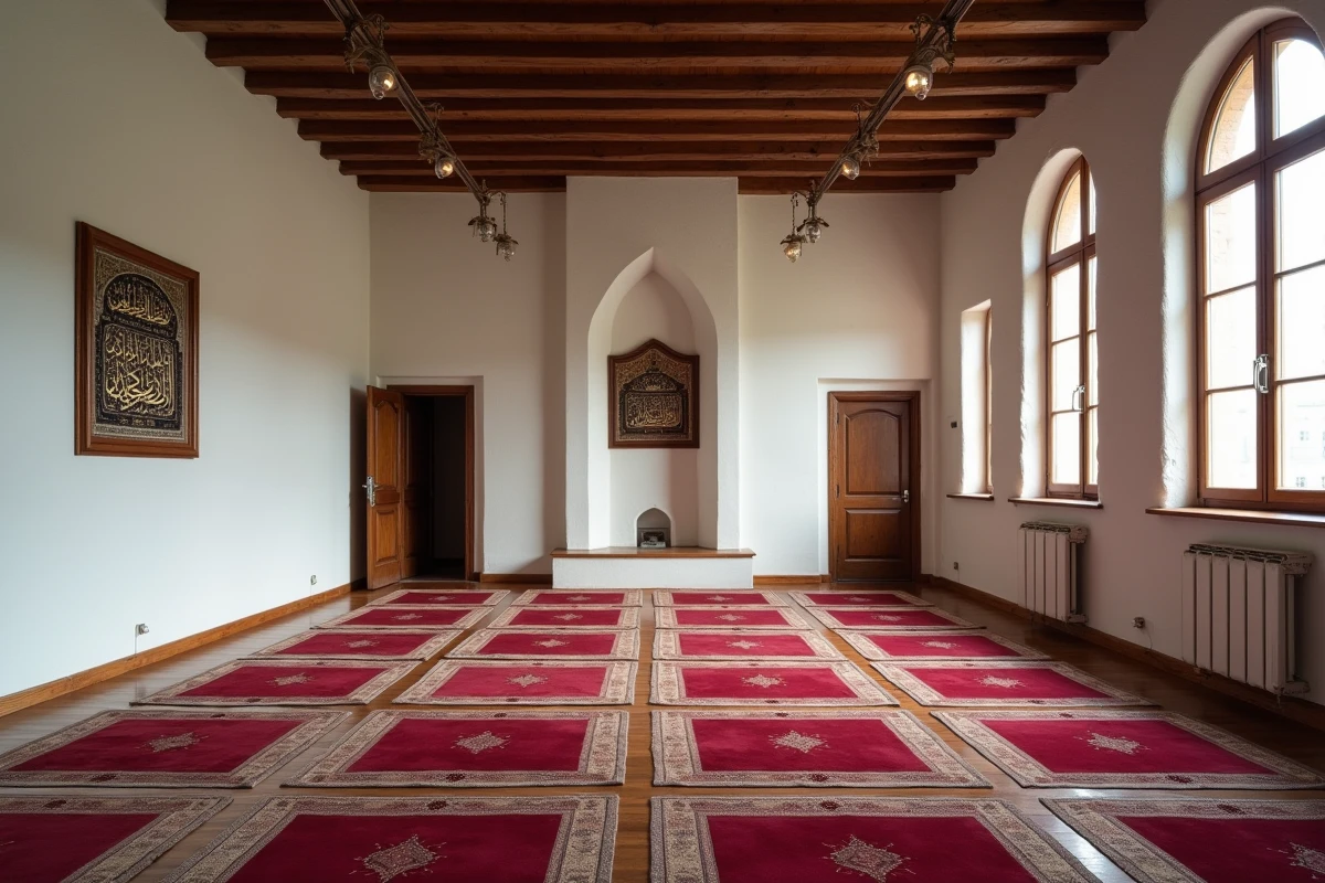 Intérieur d'une salle de prière musulmane calme et ordonnée dans un centre communautaire en Auvergne