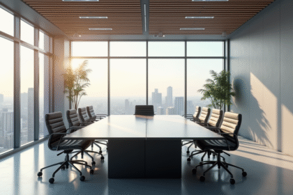 Salle de réunion moderne avec grande table et chaises