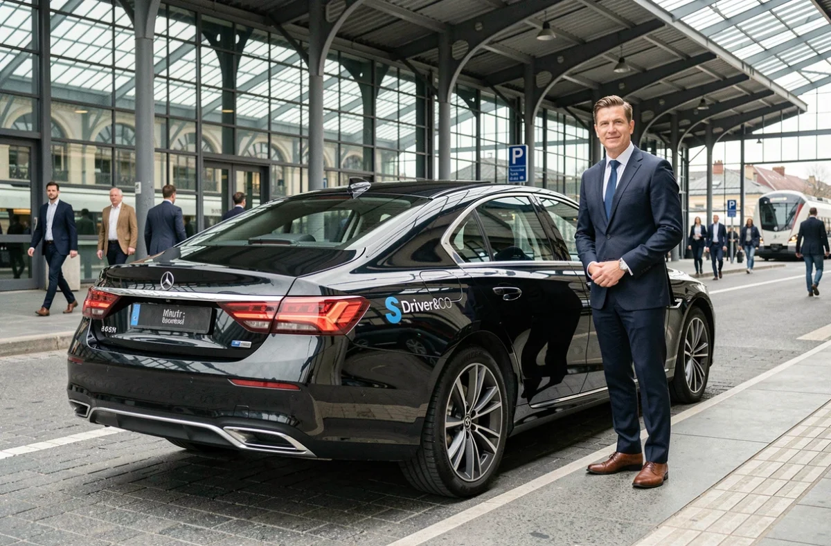 Véhicule de luxe S.Driver&CO garé devant une gare française avec un chauffeur en costume sombre