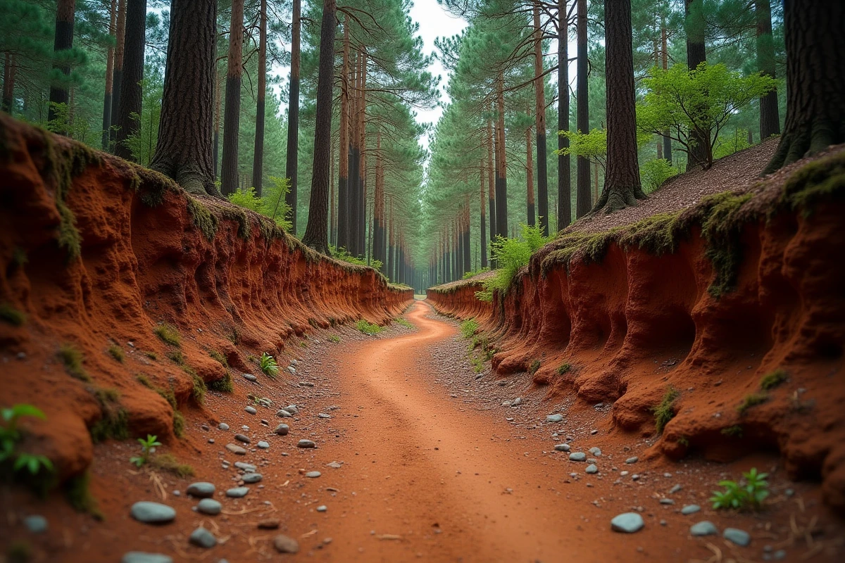 Sentier forestier étroit traversant la forêt de Ben Haroun avec des pins et un sol en terre rouge en Algérie