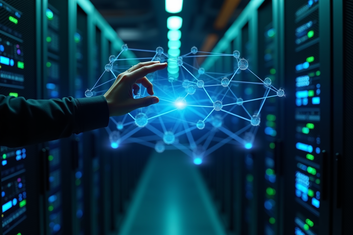 Main approchant un hologramme blockchain au centre de serveurs