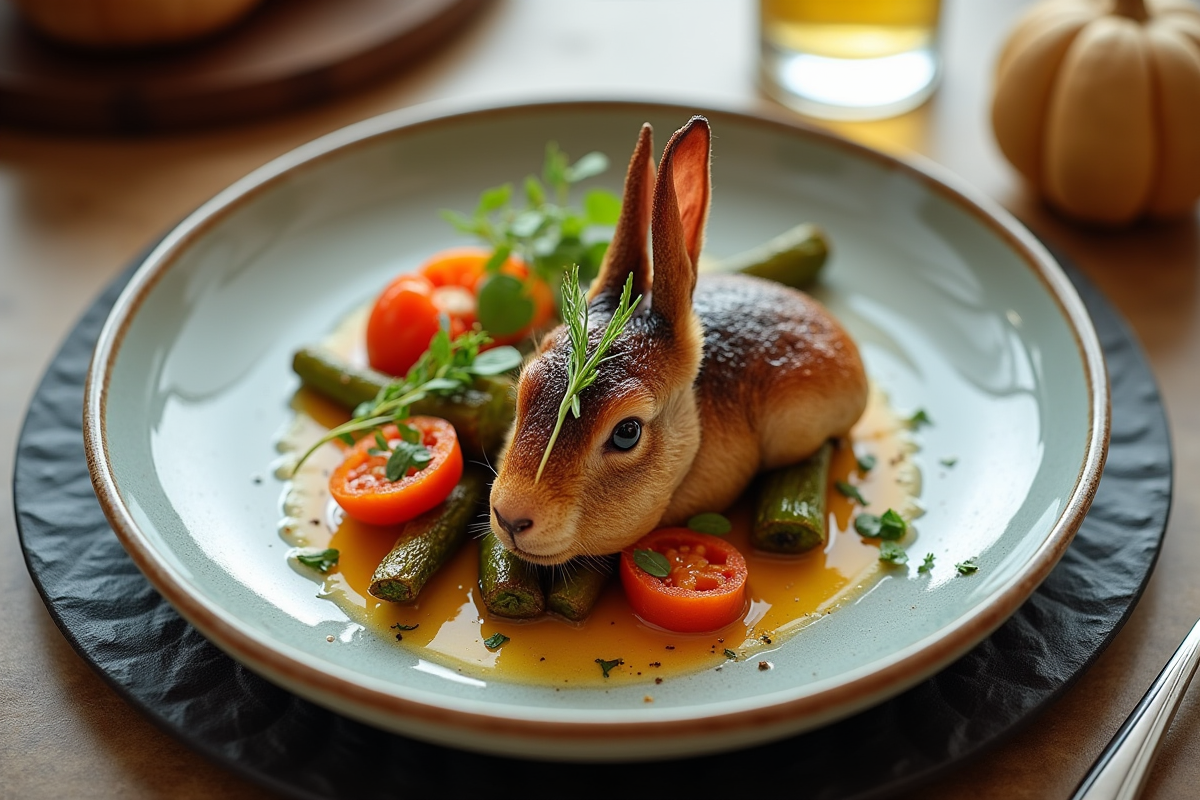 Présentation moderne de lapin à la moutarde avec légumes