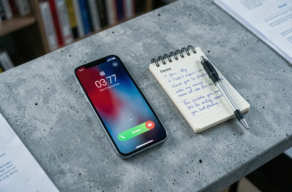 Smartphone affichant un appel entrant numéro 03 77 posé sur un bureau avec un carnet de notes sur la protection des données