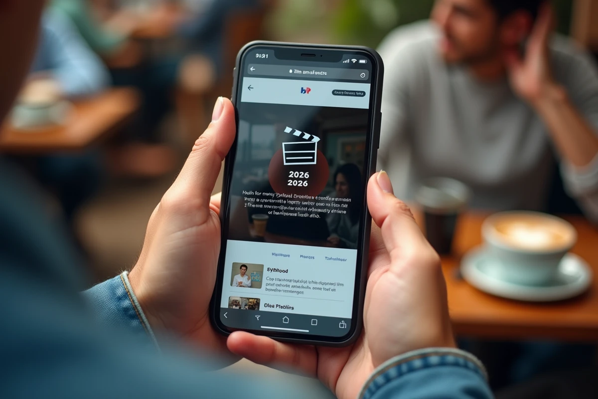 Gros plan sur un smartphone affichant la nouvelle adresse web du site 1jour1film en 2026 dans un café